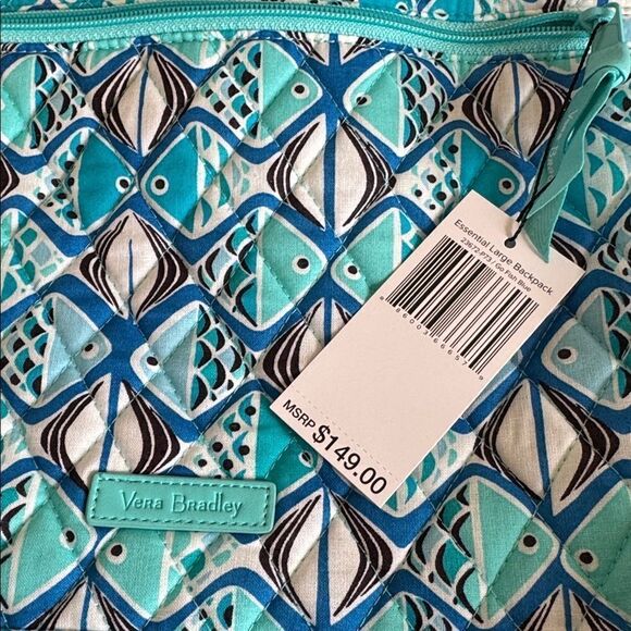 Vera Bradley Go Fish Blue Patterned Quilted Large Essential Travel Backpack NWT main image 13